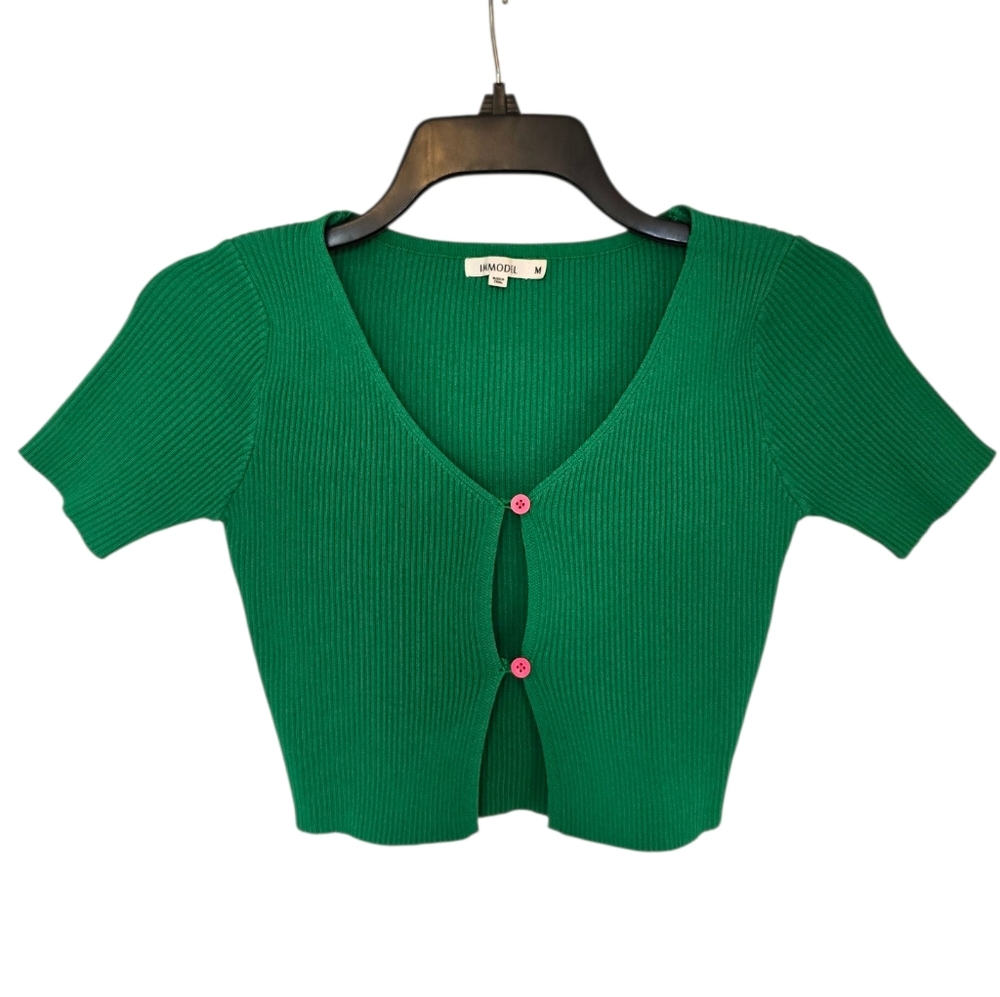 Immodel Green Ribbed Cropped Cardigan Size Medium